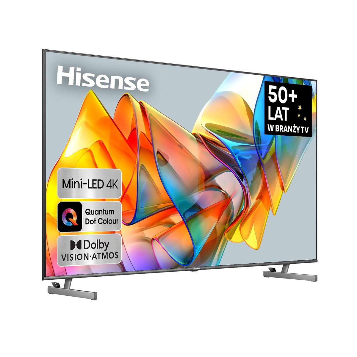 Telewizor Hisense z kolorowym wyświetlaczem abstrakcyjnym, Mini-LED 4K, Dolby Vision, Atmos.