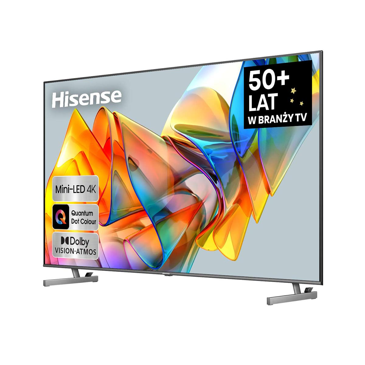 Telewizor Hisense. Ma czarną ramkę, a ekran wyświetla kolorowe abstrakcyjne kształty.