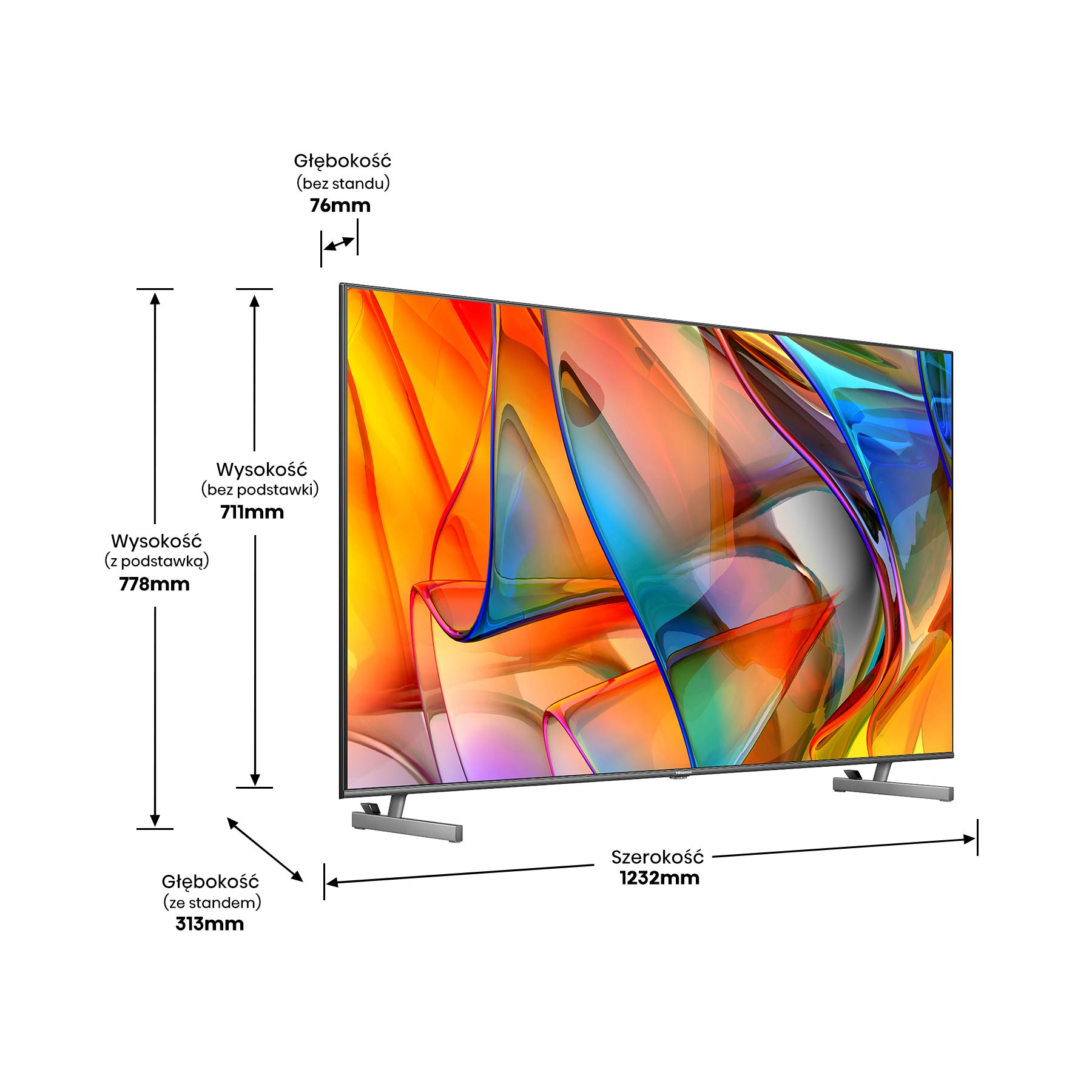 Diagram wymiarów telewizora z wymiarami w mm: wysokość, szerokość i głębokość z telewizorem pośrodku.
