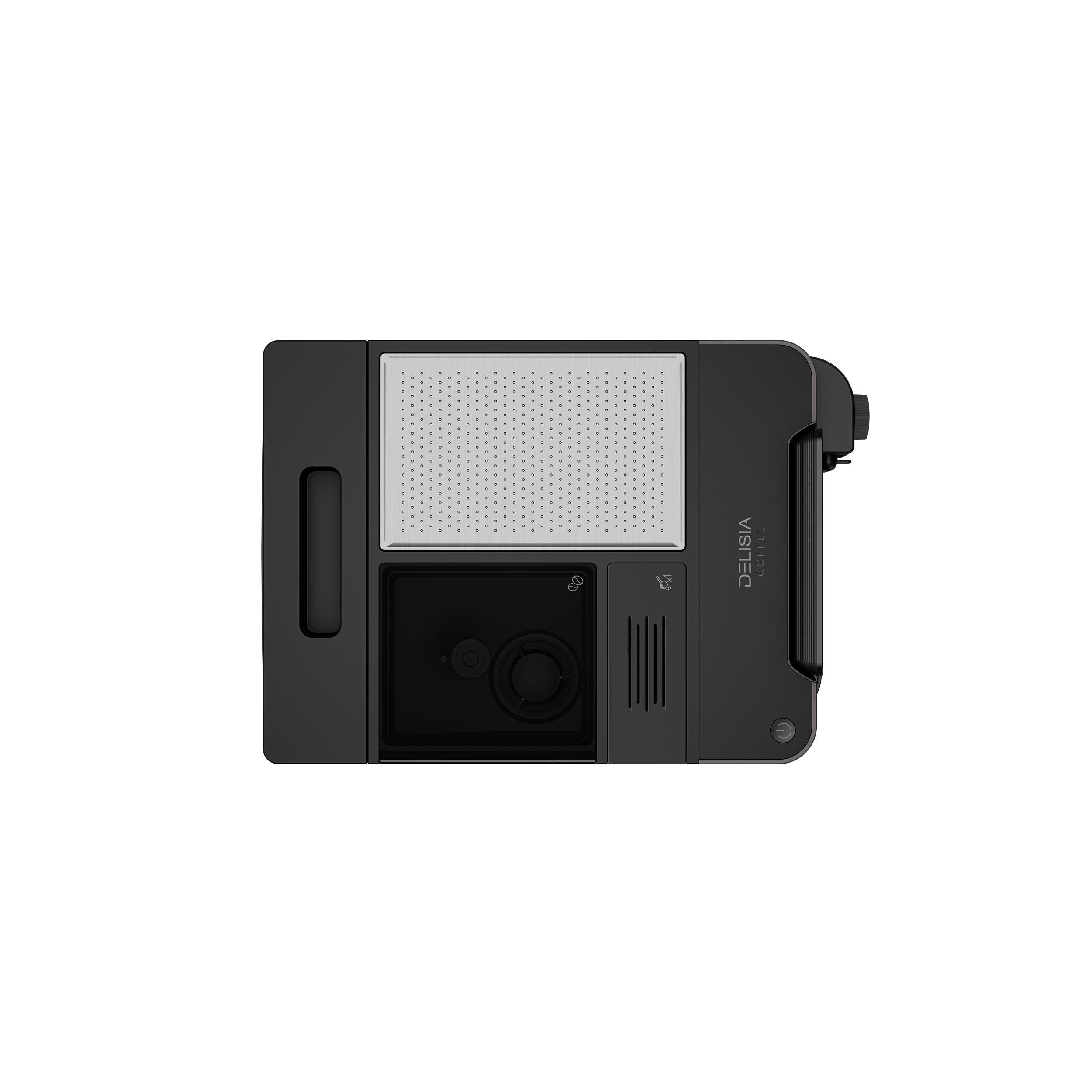 Eine isometrische Ansicht einer Grundig KVA 7230 Kaffeemaschine mit Bohnenbehälter und Touchscreen.