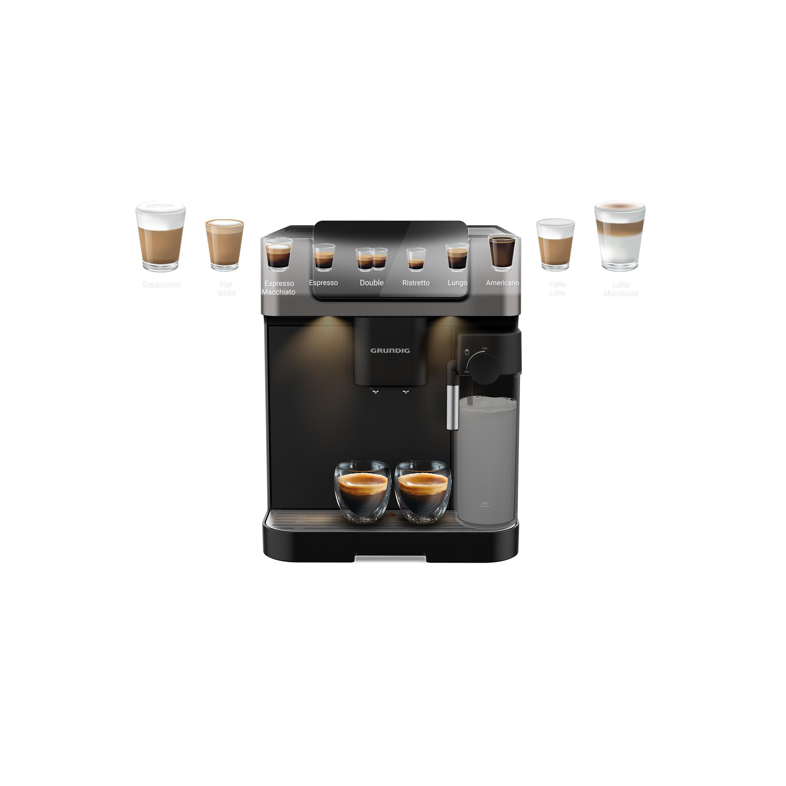 Kaffeemaschine mit verschiedenen Kaffeearten, die im Bild darüber angezeigt werden.