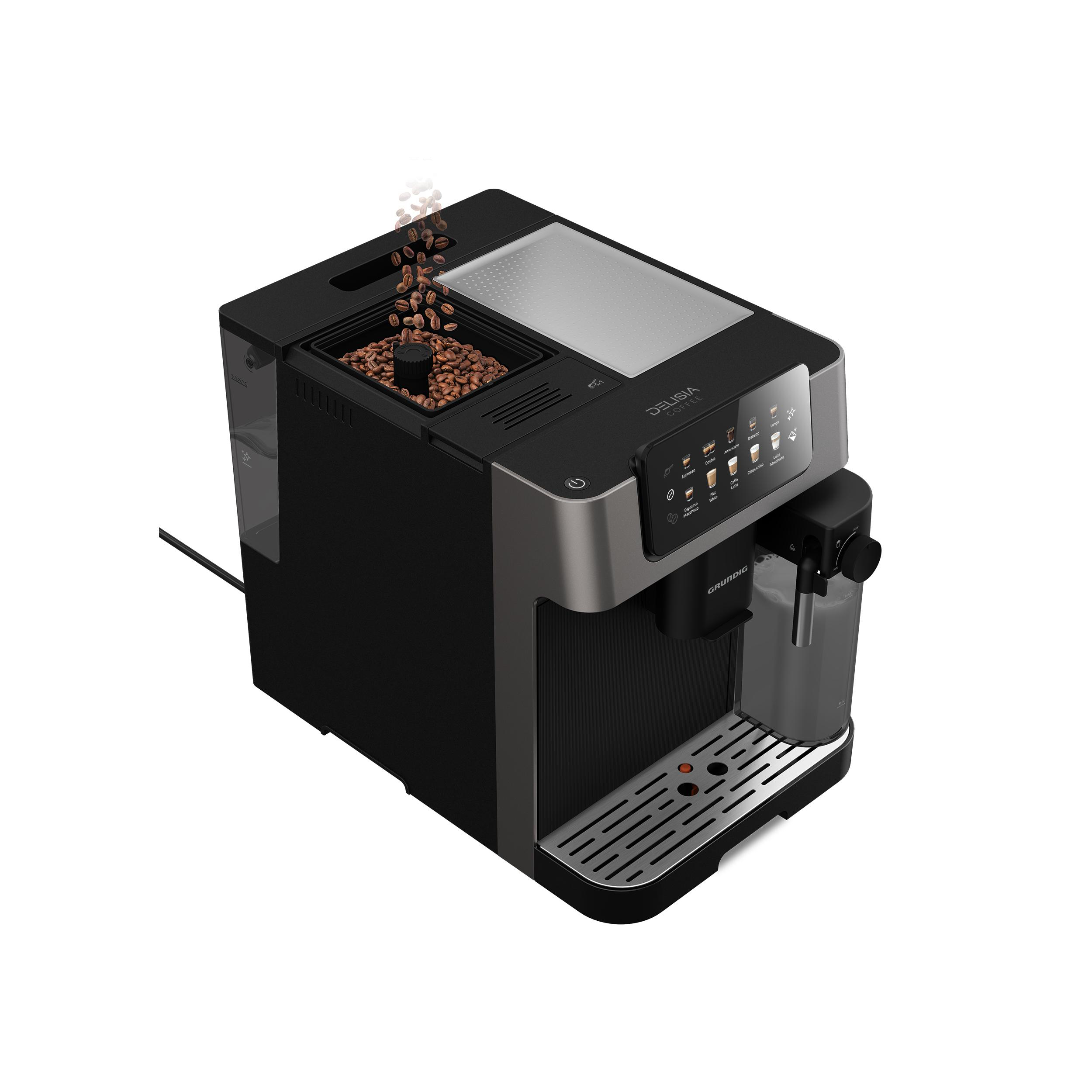 Die Grundig KVA 7230 Kaffeemaschine brüht Kaffee, mit zwei fertigen Kaffeegläsern.