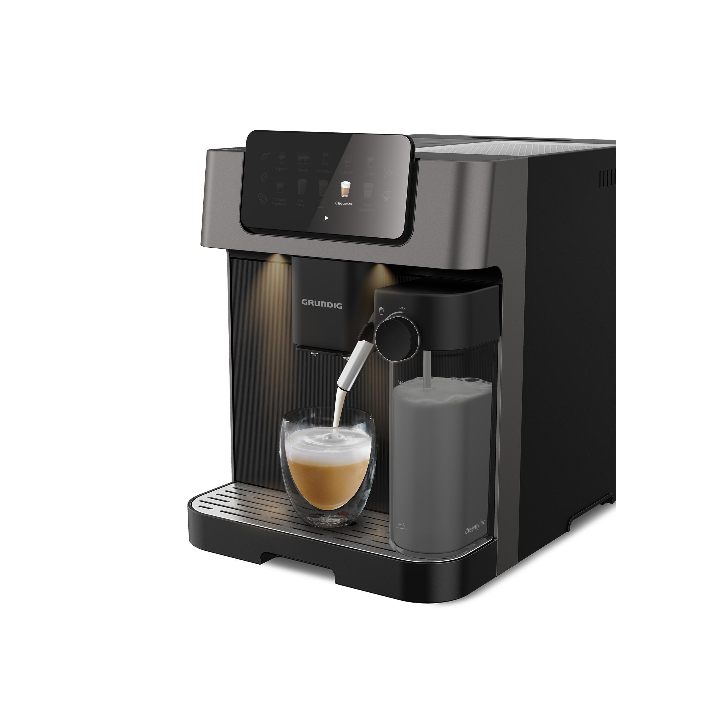 Eine Grundig KVA 7230 Kaffeemaschine auf einer Küchentheke, mit Kaffee und Snacks.