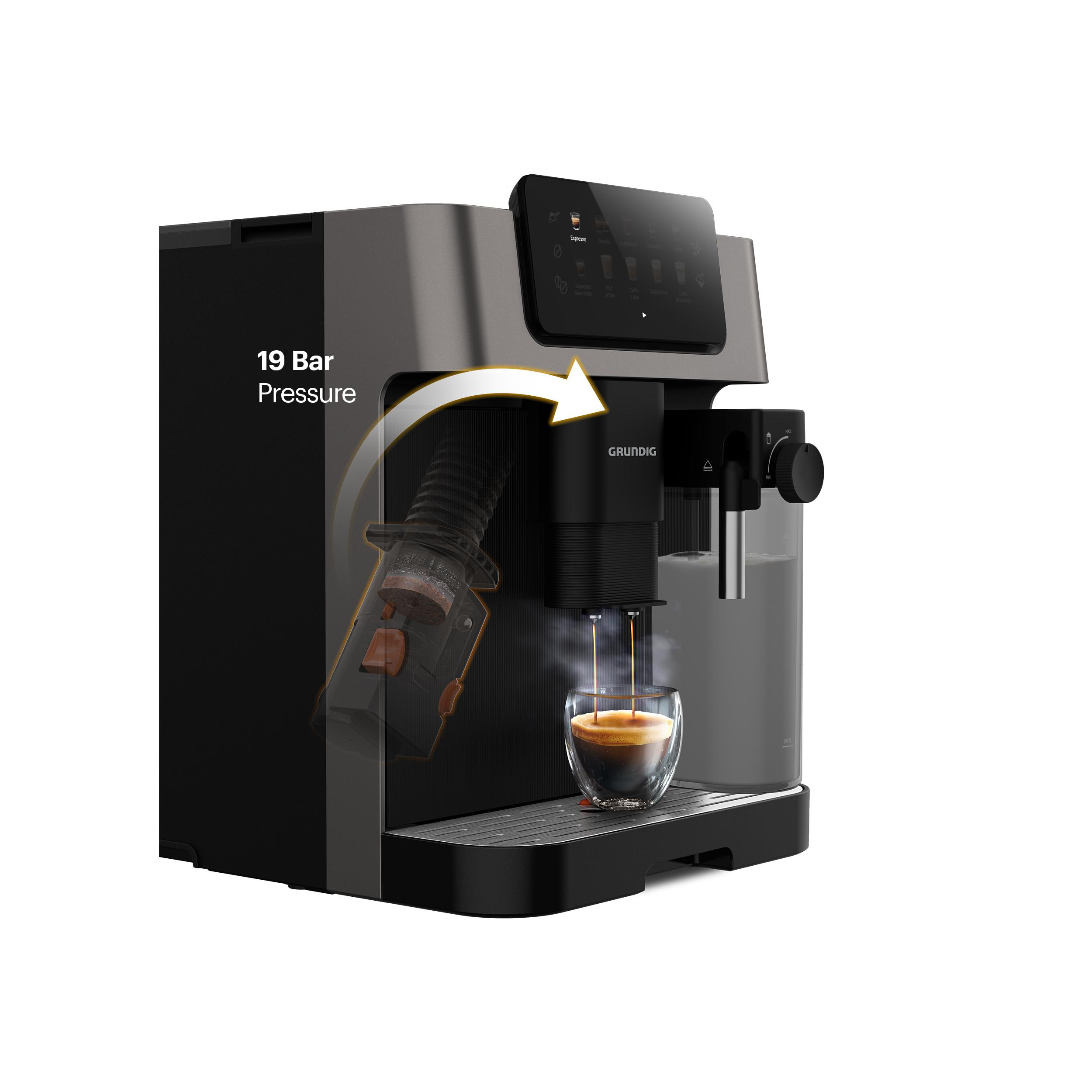 Kaffeemaschine mit einer Tasse, die sich mit Kaffee füllt. Das Bild zeigt den Druck von 19 bar.