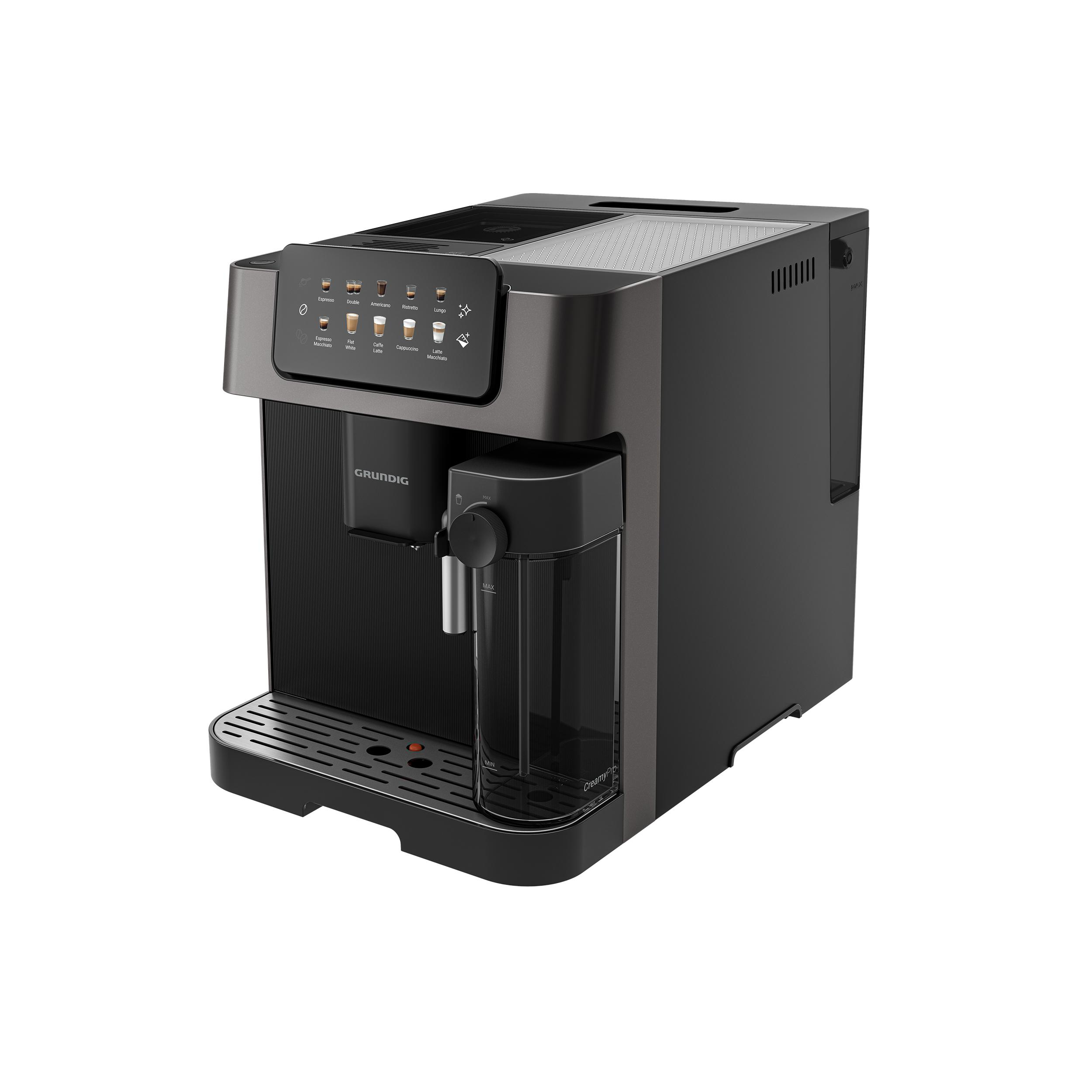 Schwarze Grundig Kaffeemaschine, Vorderansicht. Sie hat einen Wassertank und ein Display.