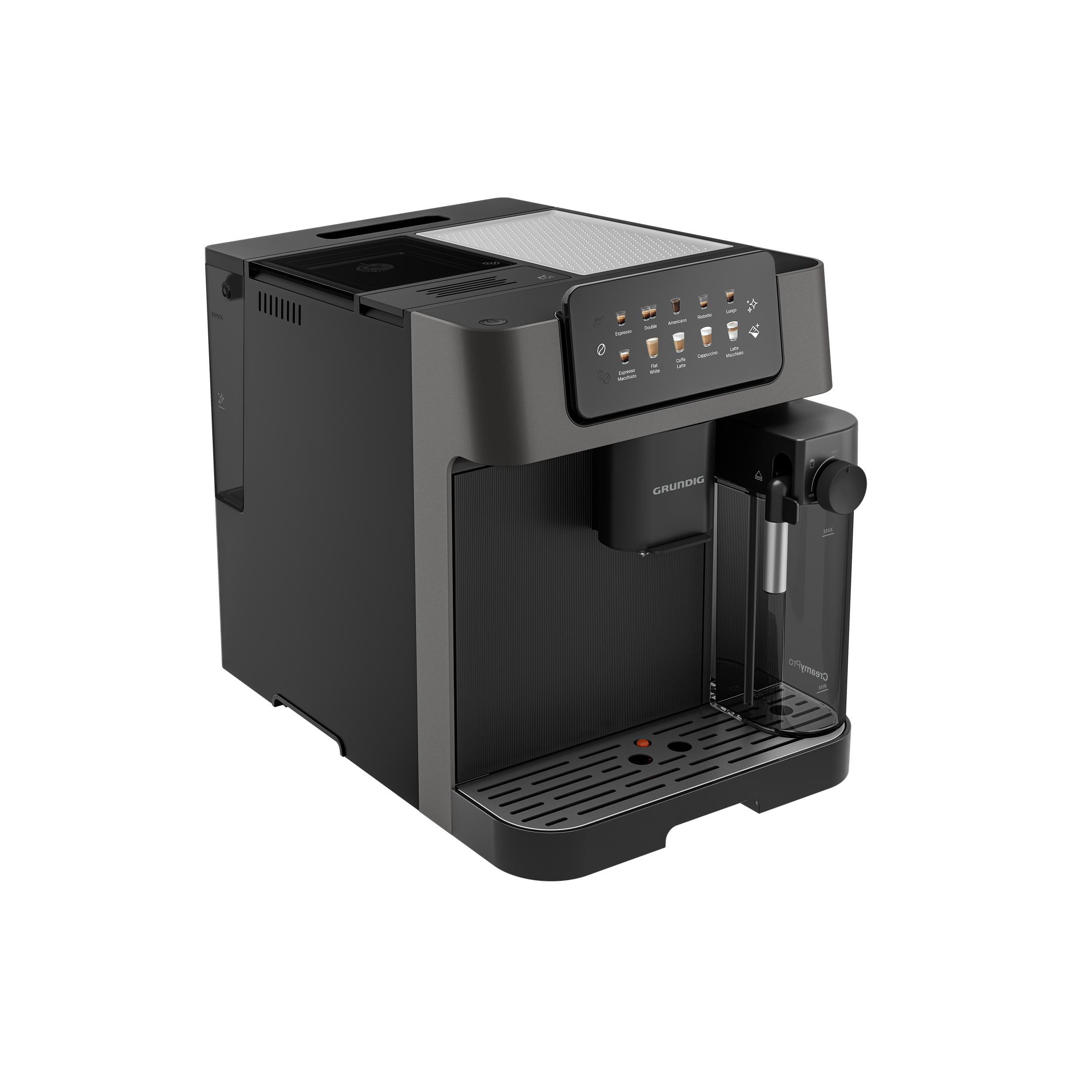 Schwarze Grundig Kaffeemaschine auf weißem Hintergrund.