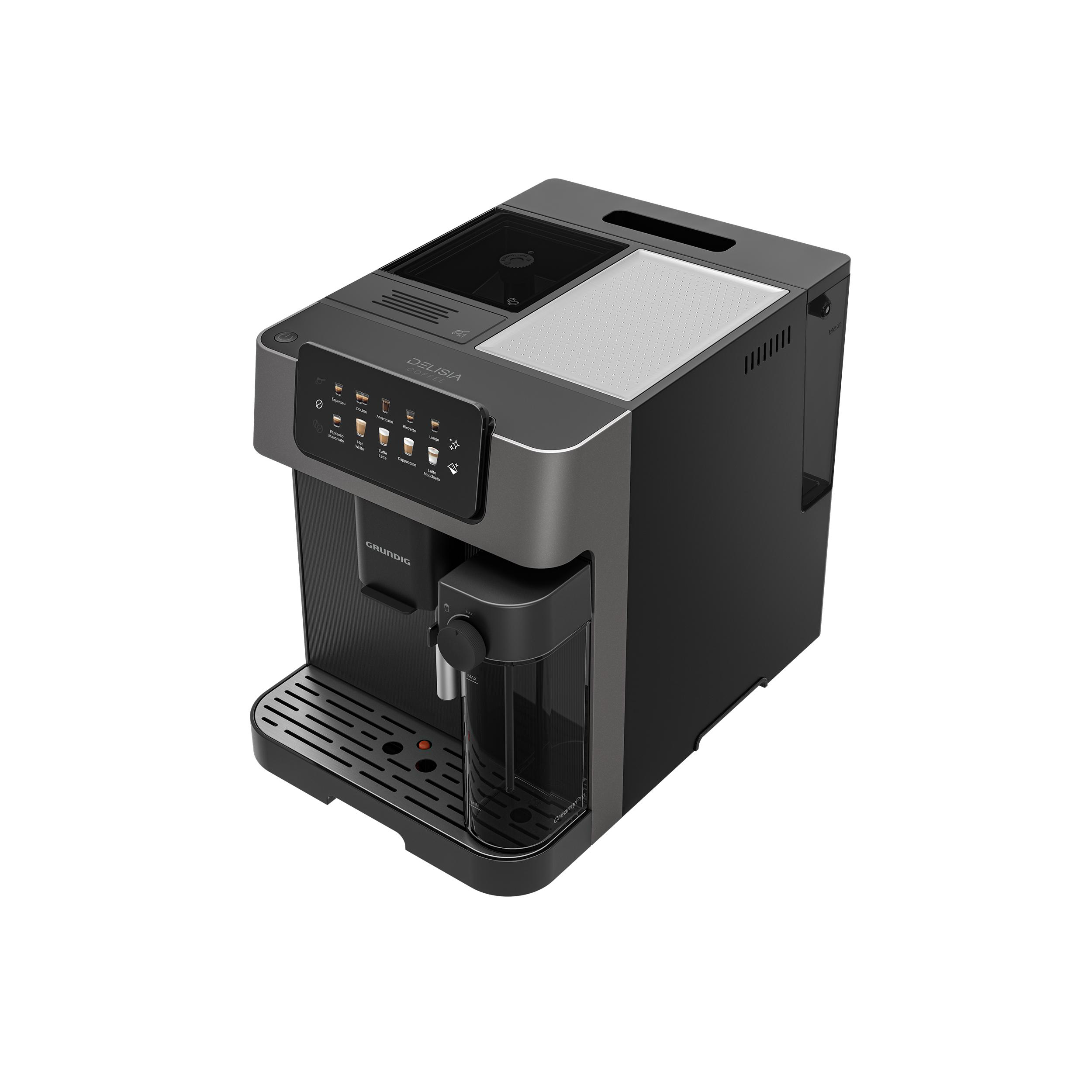 Kaffeemaschine von oben, dunkelgrau und schwarz. Sie hat ein Display mit Kaffeeoptionen.