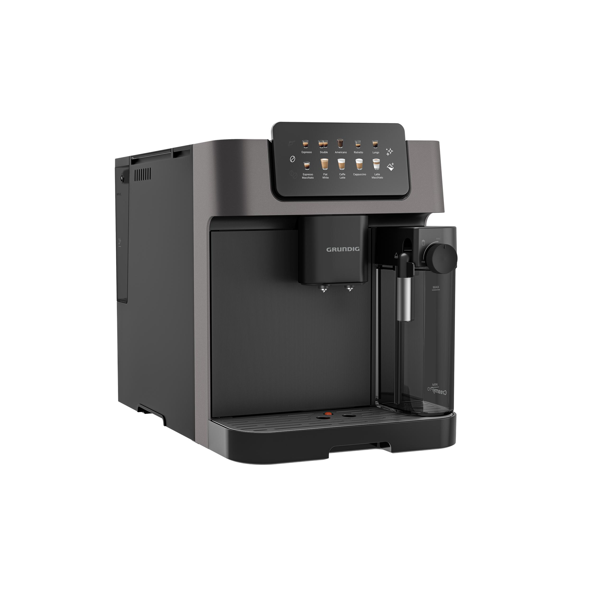 Dunkelgraue Kaffeemaschine mit Display, das Kaffeeoptionen zeigt. Sie hat einen Wassertank.