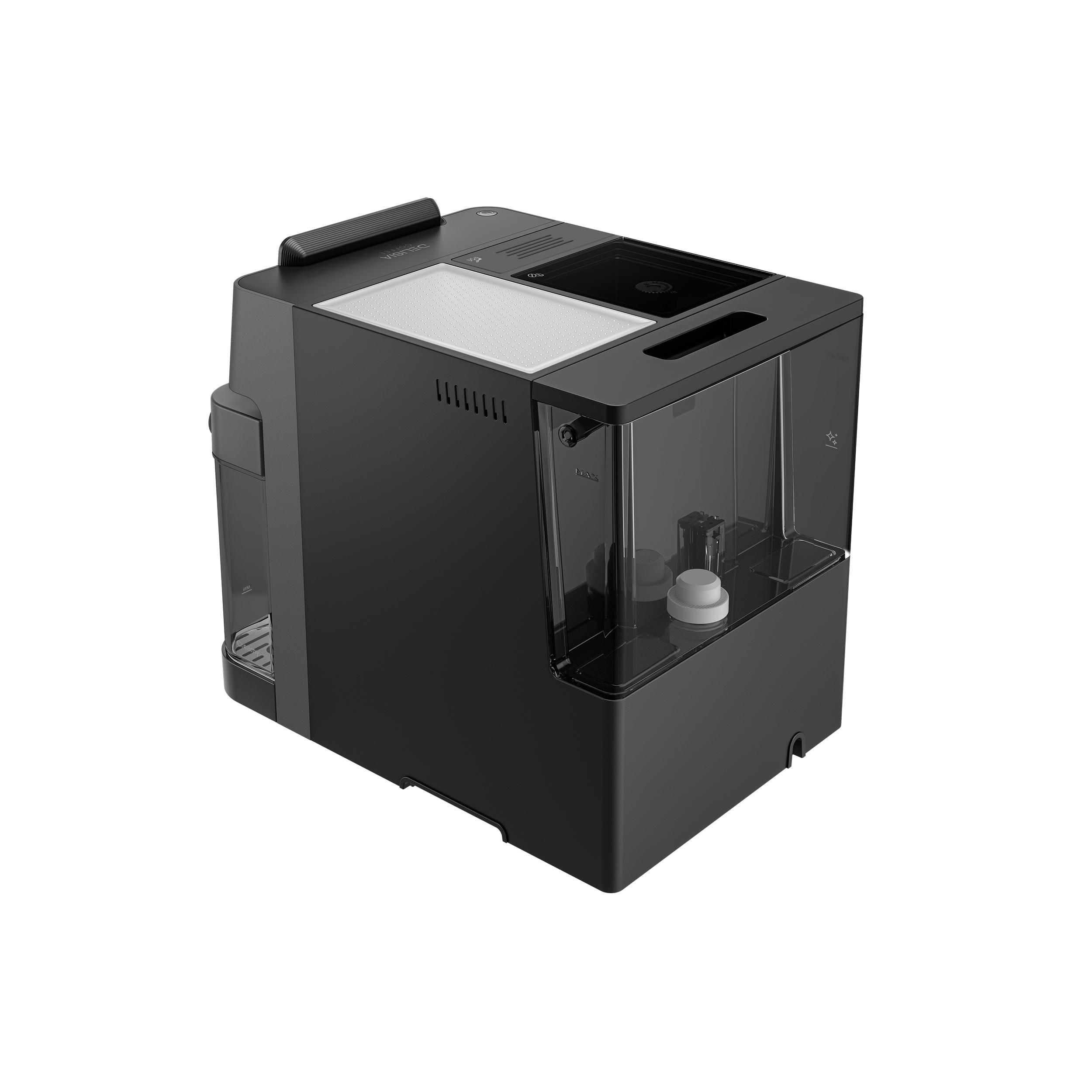 Schwarze Kaffeemaschine, Draufsicht. Sie hat einen Wassertank und eine Öffnung für Kaffeesatz.