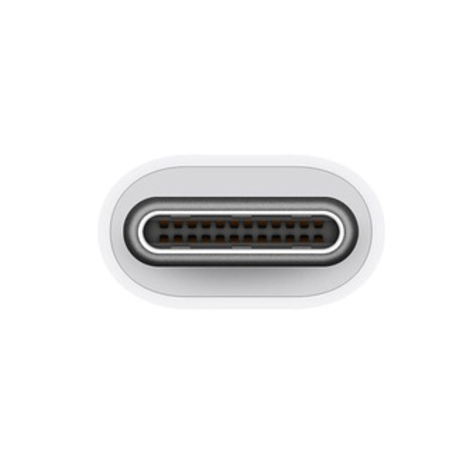 Close-up of a USB-C connector, white outer shell with black inner pins.