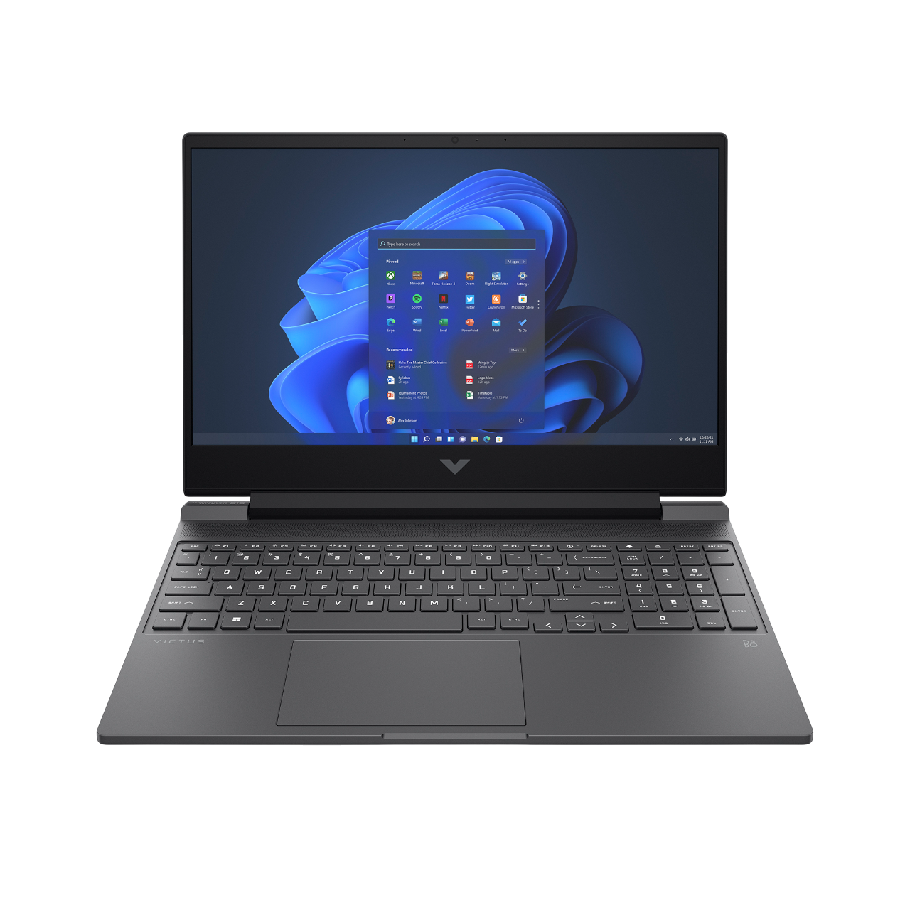 Windows arayüzünü gösteren ekrana sahip siyah dizüstü bilgisayar. Siyah zemin.