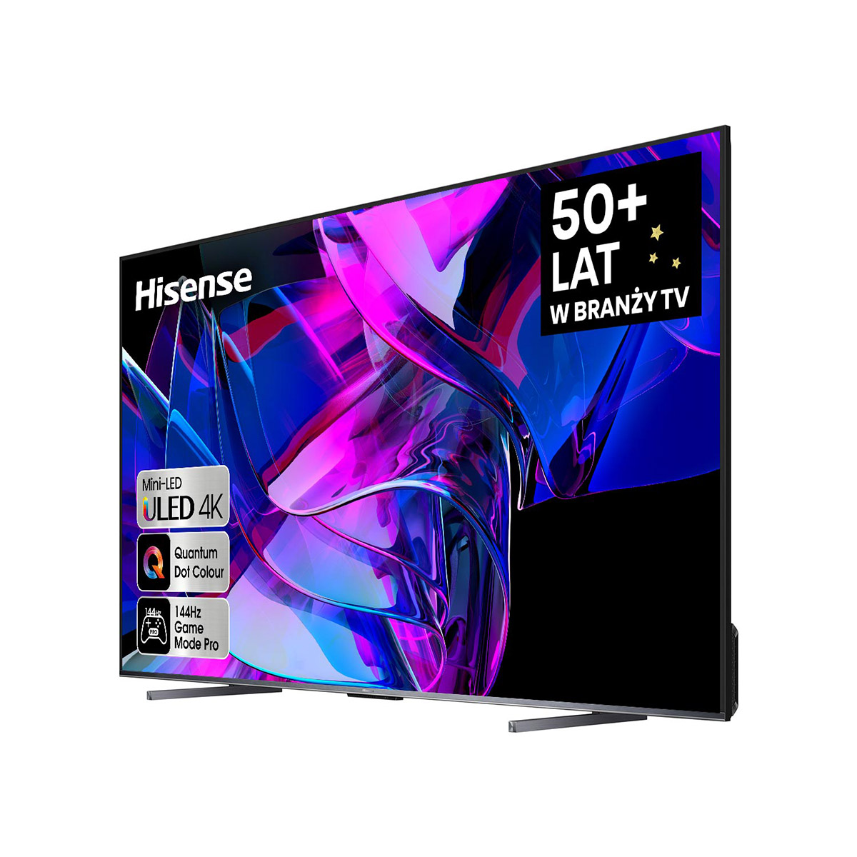 Telewizor Hisense ULED 4K z kolorowym ekranem. Pokazuje cechy produktu i napis "50+ LAT". Srebrna podstawa.
