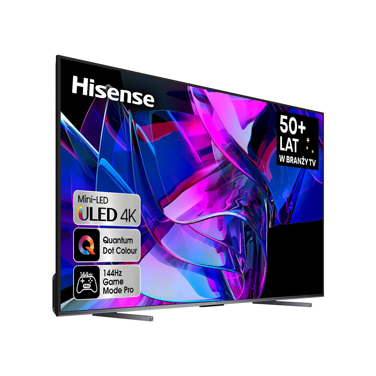 Telewizor Hisense ULED 4K z kolorowym ekranem. Pokazuje cechy produktu z napisem "50+ LAT". Srebrna podstawa.