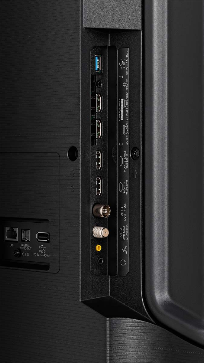 Tył telewizora z portami: USB, HDMI, LAN i inne.