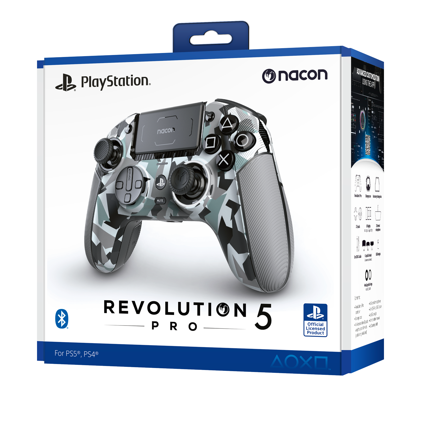 PlayStation-Controller in seiner Box. Der Controller ist Tarnmuster. Die Box ist blau und weiß.