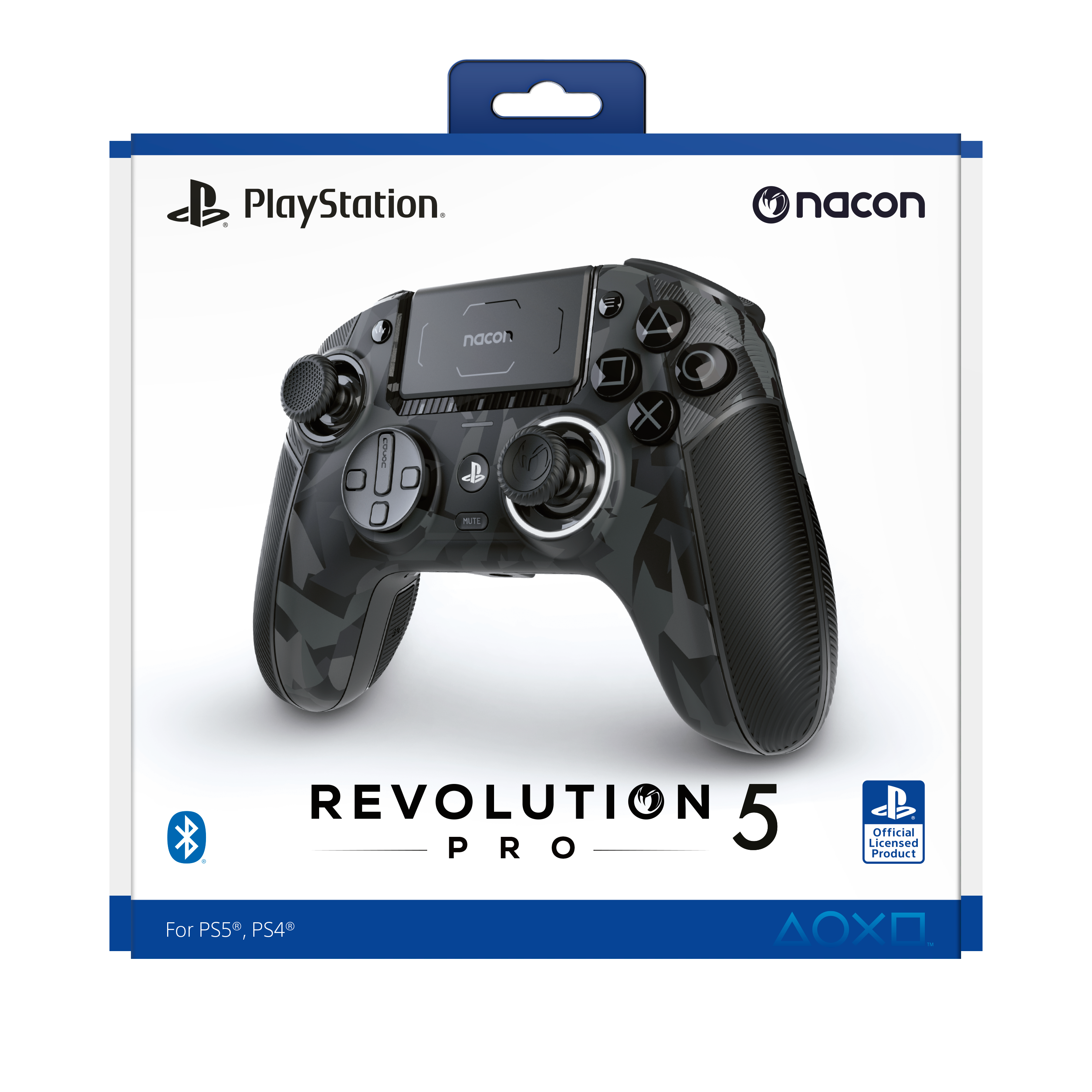 PlayStation-Controller, Camouflage-Design. Schwarze Knöpfe und graue Griffe. Marke Nacon. Schwarzer Hintergrund.