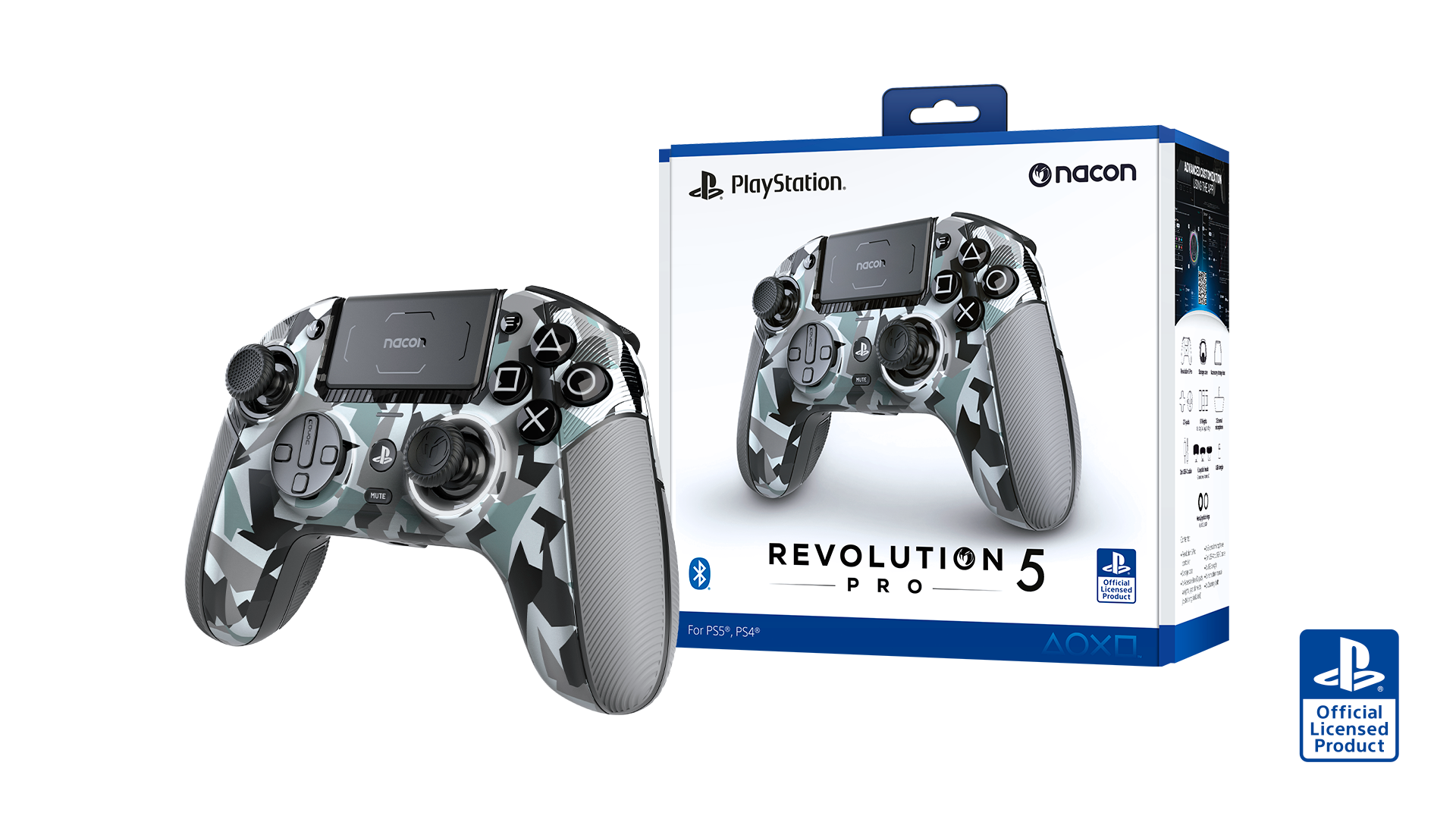Tarnmuster-PlayStation-5-Controller mit Box. Der Controller ist grau, weiß und schwarz.