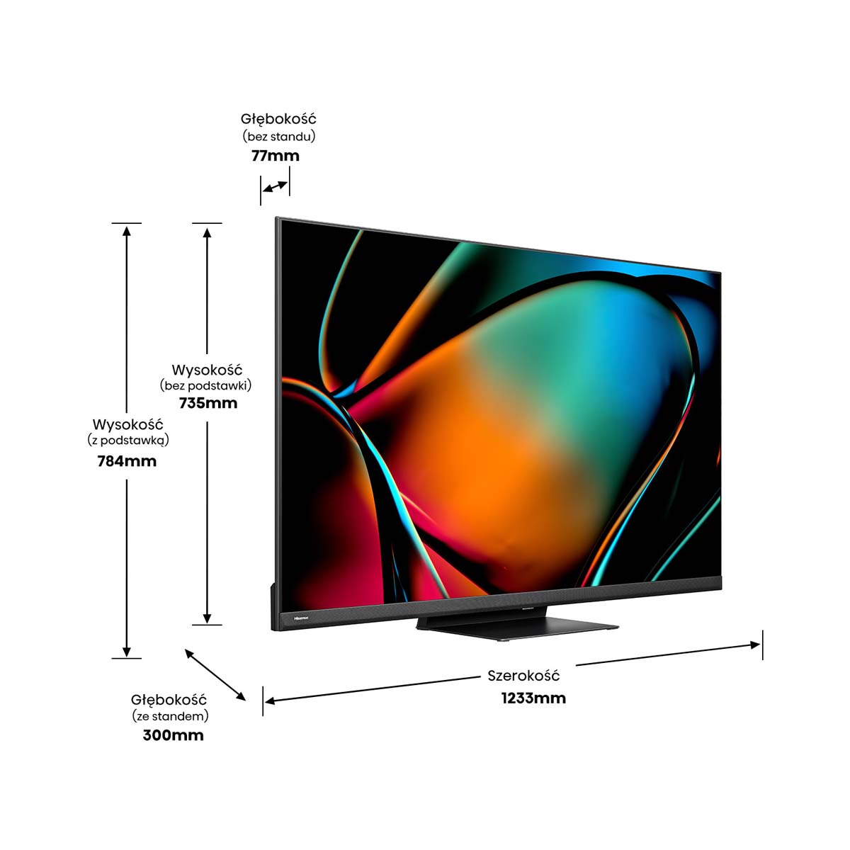 Ekran telewizora z wymiarami wysokości i szerokości, zamontowany na stojaku, na białym tle.