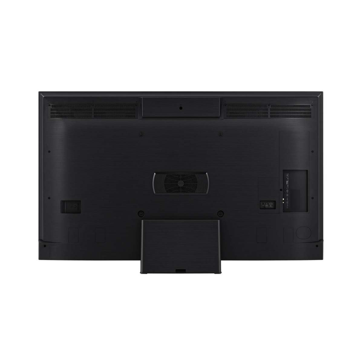 Tył dużego czarnego telewizora ze stojakiem. Ma prostokątny kształt i różne porty.