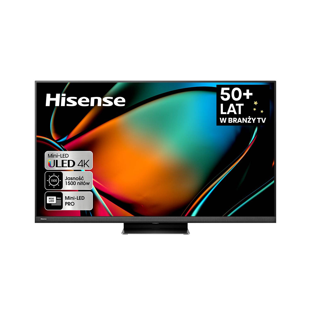 Widok z przodu czarnego telewizora z włączonym ekranem. Wyświetla kolorową grafikę i tekst.