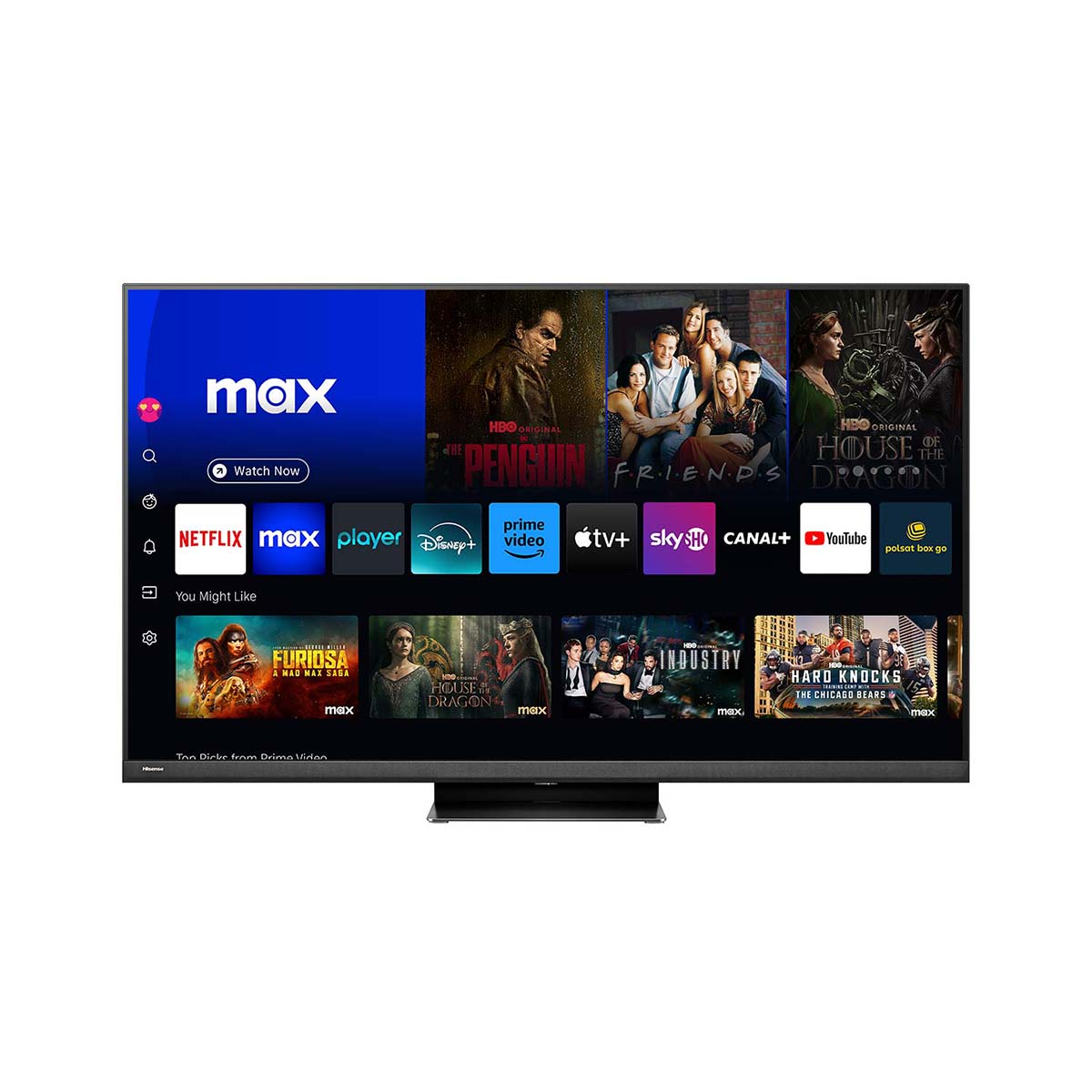 Ekran telewizora wyświetlający interfejs serwisu streamingowego. Widoczne są różne tytuły filmów i programów.