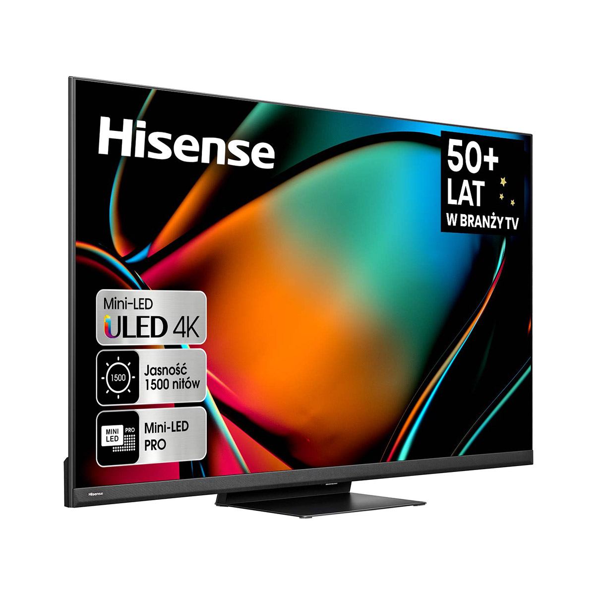 Telewizor Hisense ULED 4K z kolorowym wyświetlaczem i informacjami o produkcie.