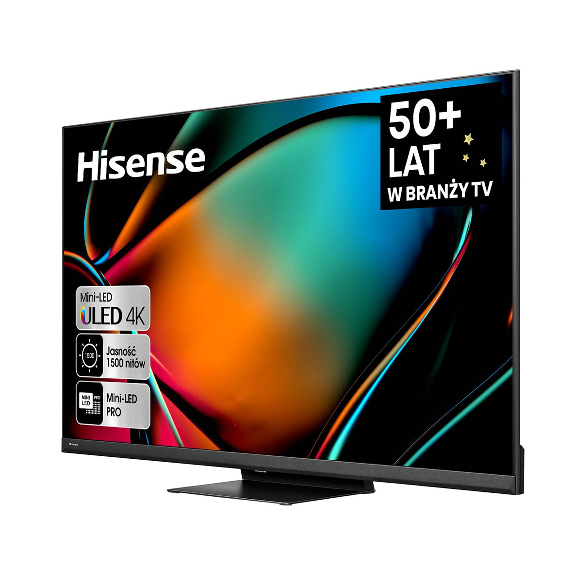 Telewizor Hisense na białym tle, z kolorowym obrazem na ekranie. Napis: 50+ lat.