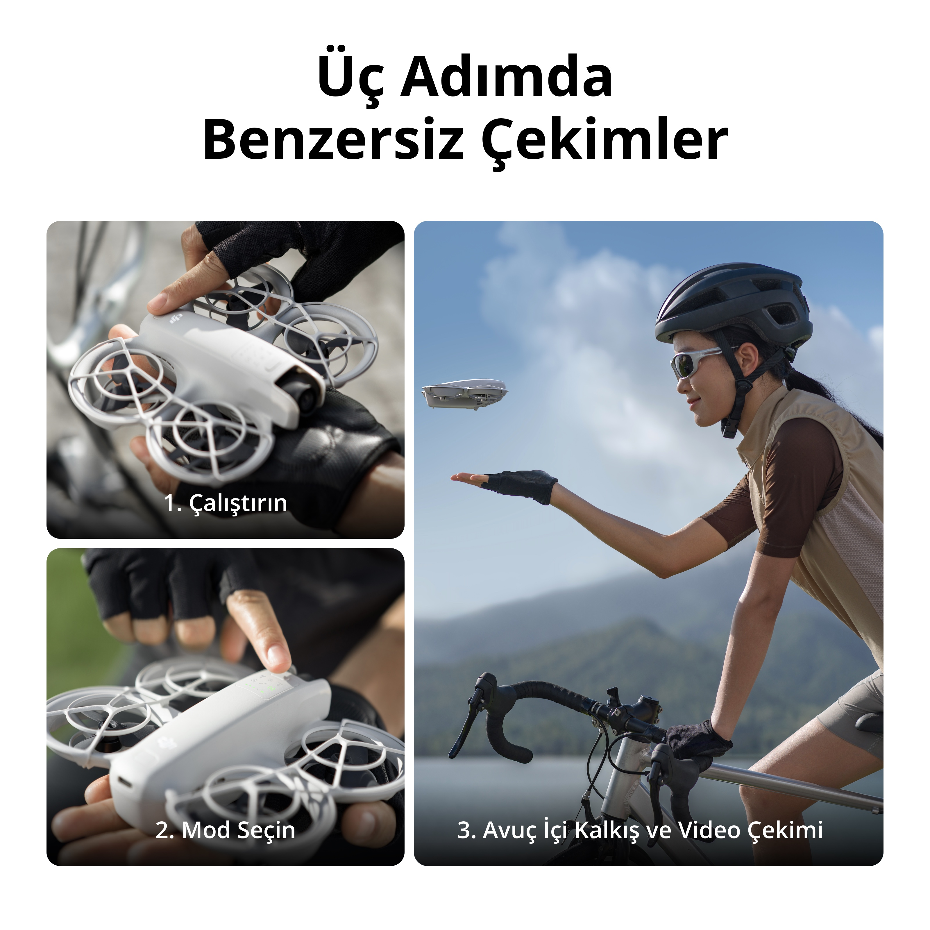 Bir uzaktan kumanda ile bir dronun nasıl başlatılacağını ve kontrol edileceğini gösteren üç görüntü.