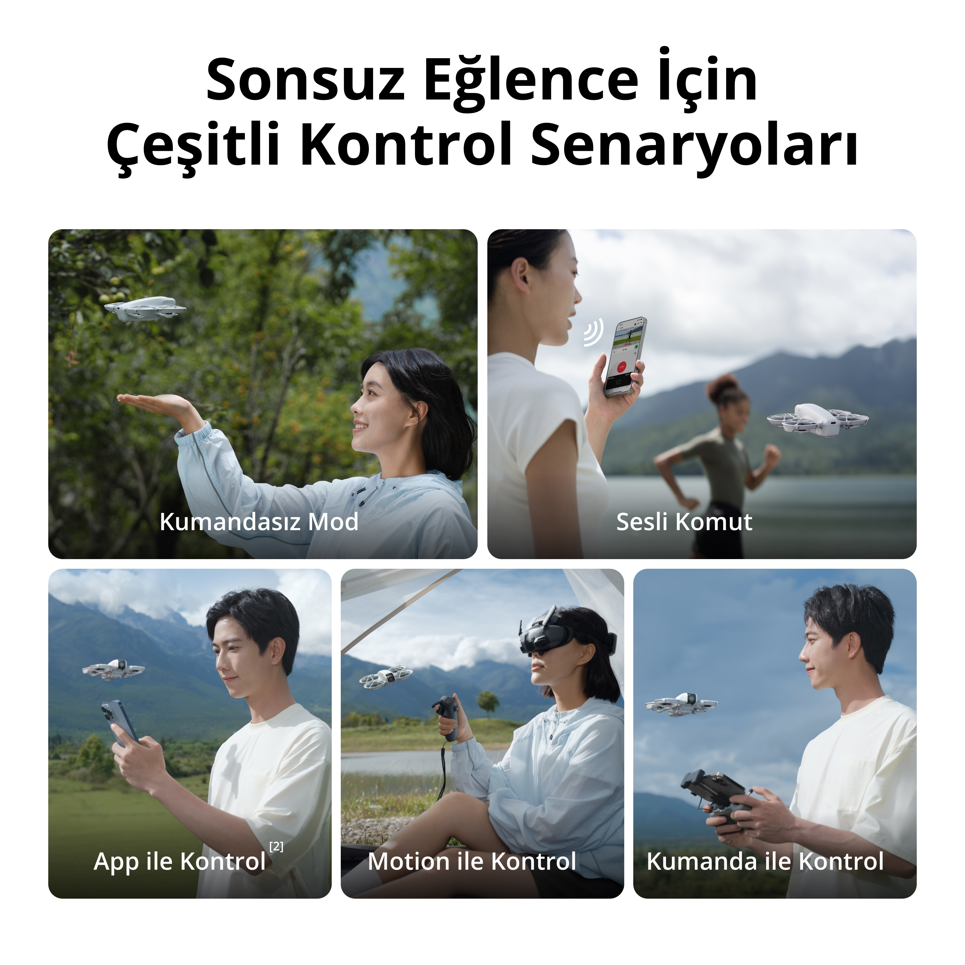 Farklı drone kontrol senaryolarını gösteren görseller. Kullanıcı, drone'u uygulama, ses ve uzaktan kumanda ile kontrol eder.