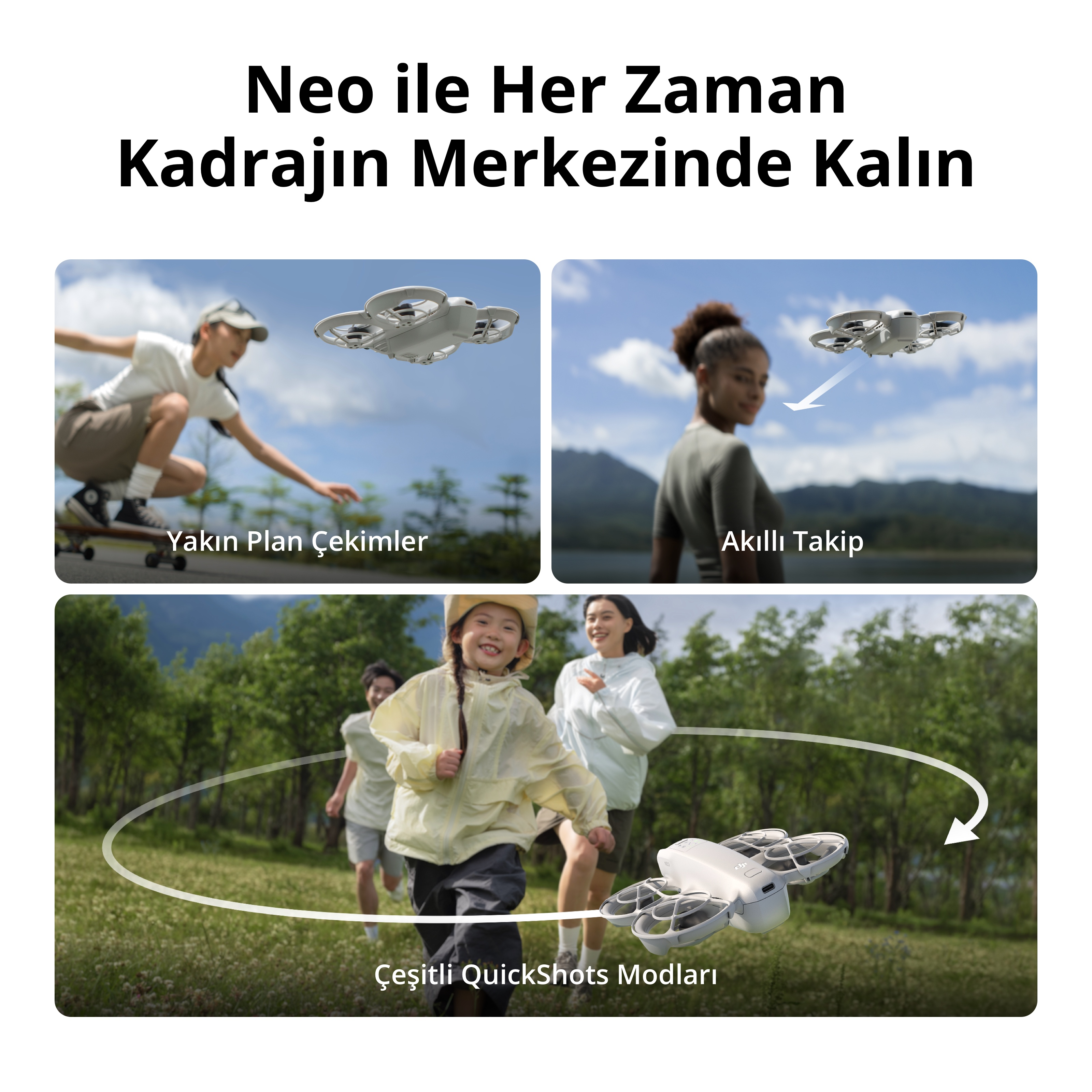 Görseller drone uçuş modlarını gösterir. Drone bir kişiyi takip eder, yakın çekimler yapar ve bir QuickShots modu.