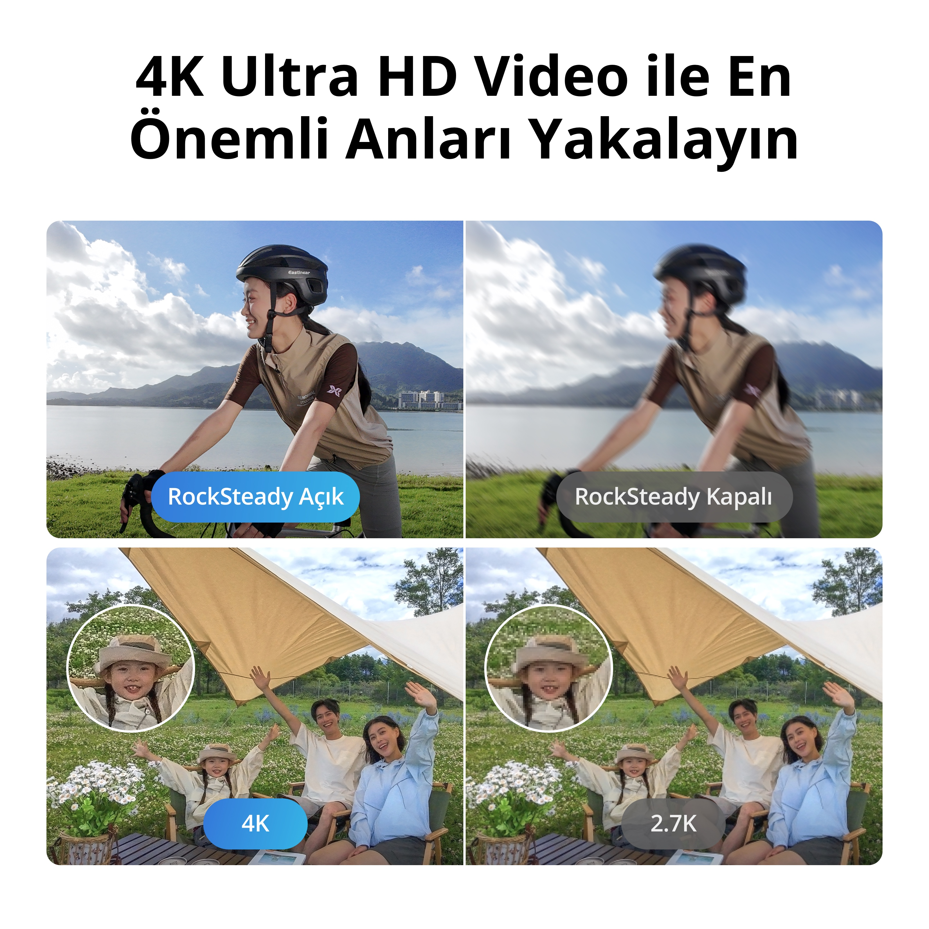 Dört görüntü karşılaştırması: bisiklet sürme ve kamp sahneleri. Metin: En önemli anları 4K Ultra HD Video ile yakalayın.
