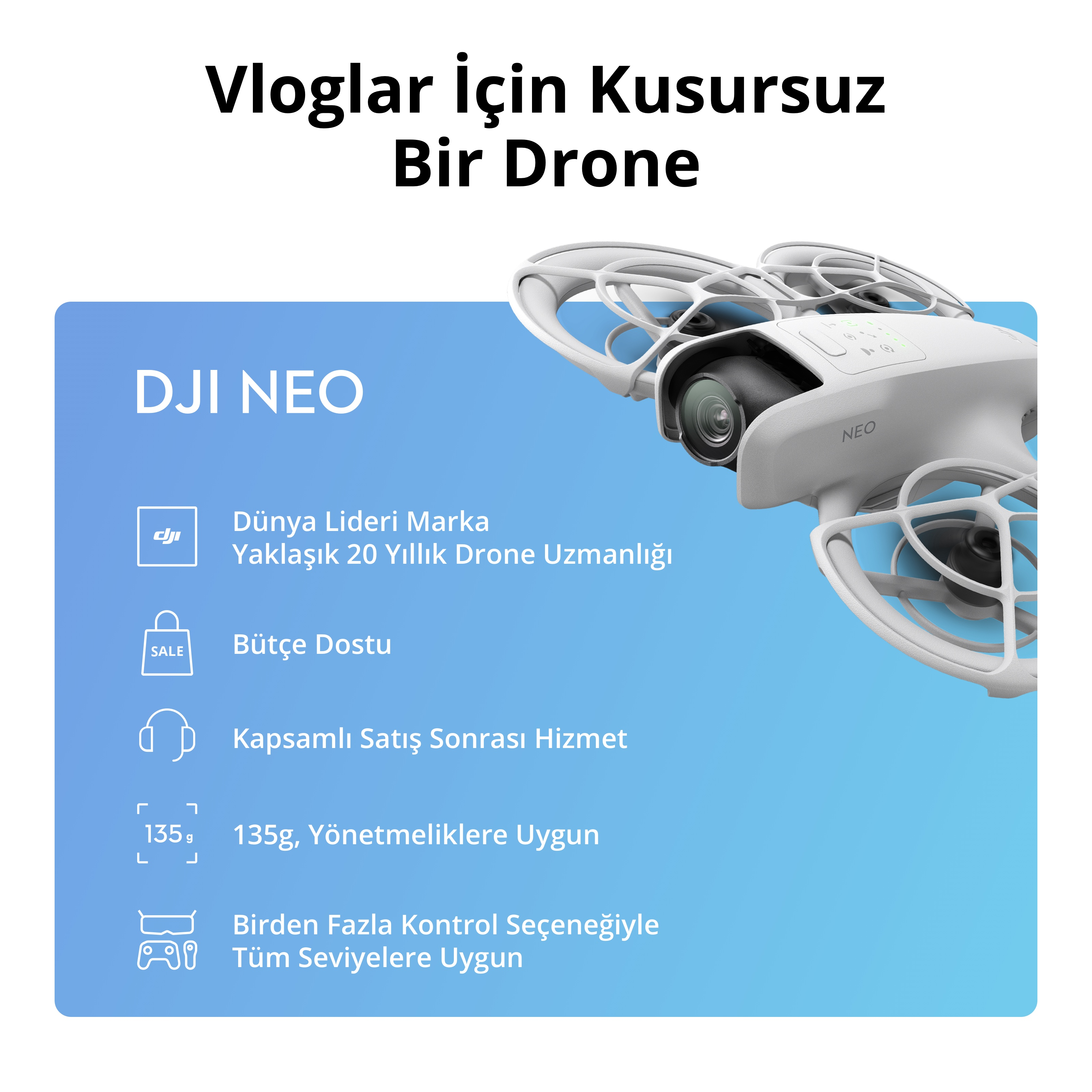 Vlogger'lar için uygun, kamera ve özellikleri hakkında metin içeren beyaz bir drone.