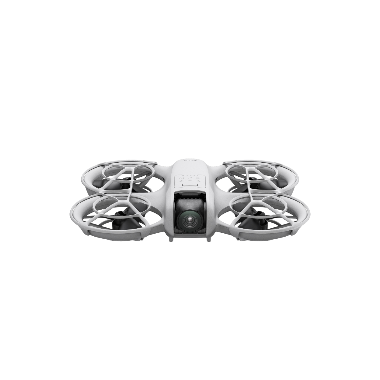 Siyah zemin üzerinde dört pervaneli ve kameralı beyaz drone.