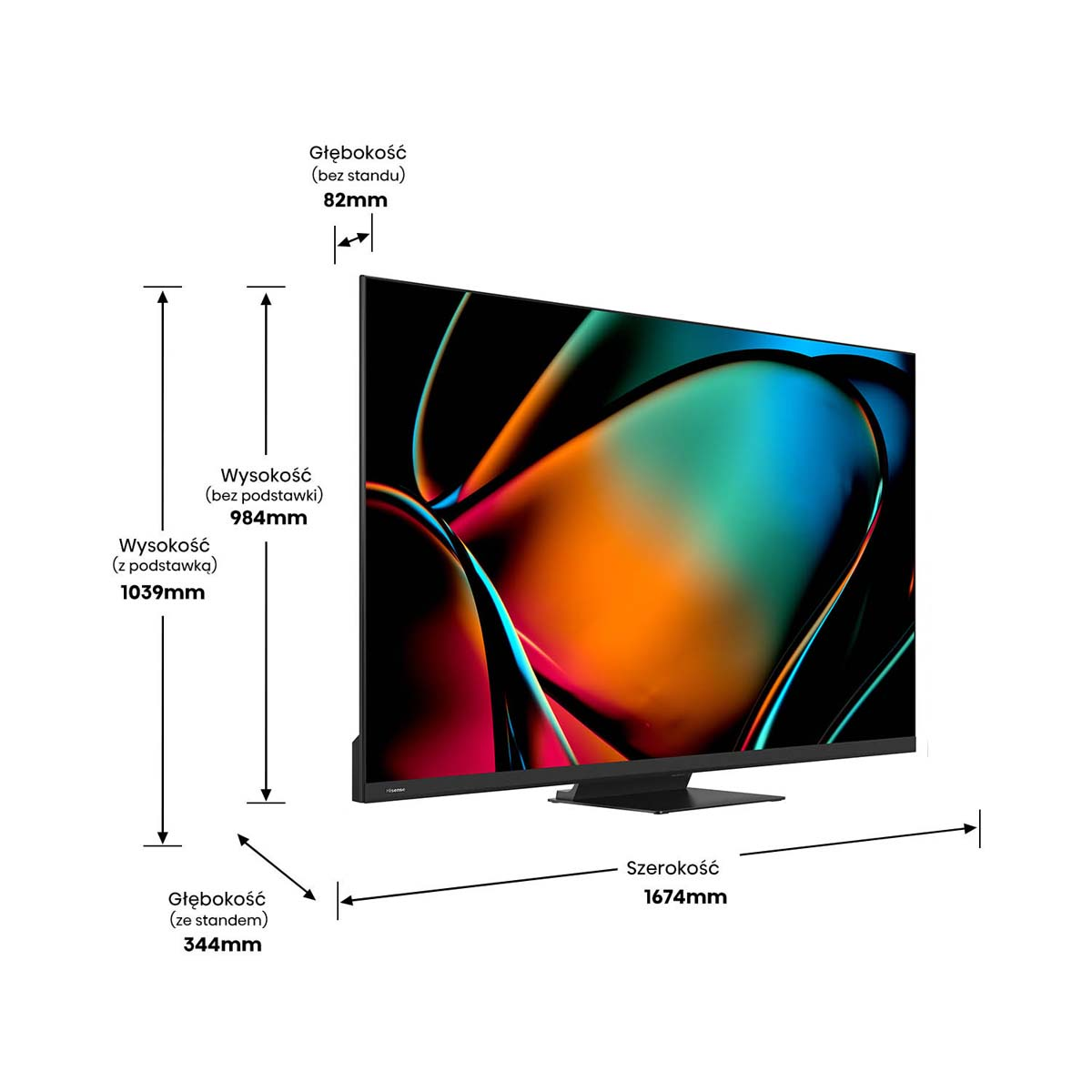 Wykres wymiarów telewizora. Pokazuje wysokość, szerokość i głębokość telewizora.