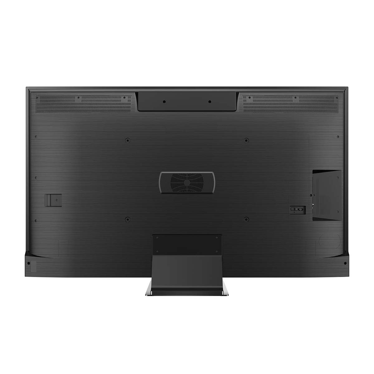 Tył dużego, czarnego telewizora z płaskim ekranem ze stojakiem.