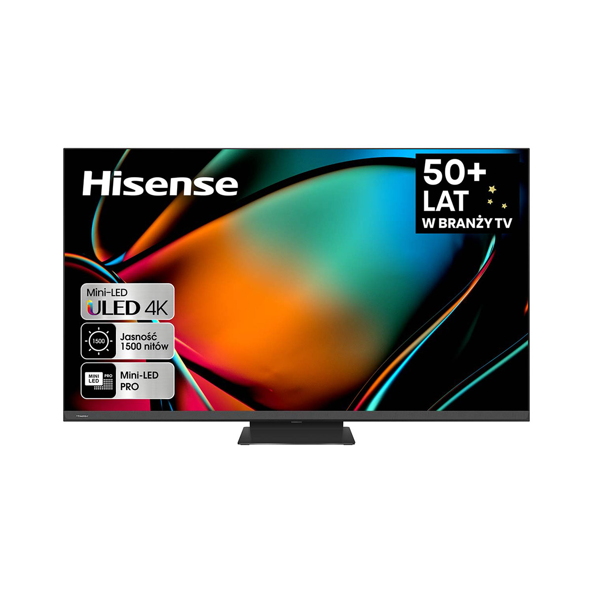 Telewizor Hisense. Czarny ekran z kolorowym obrazem abstrakcyjnym, Mini-LED, 4K itp.