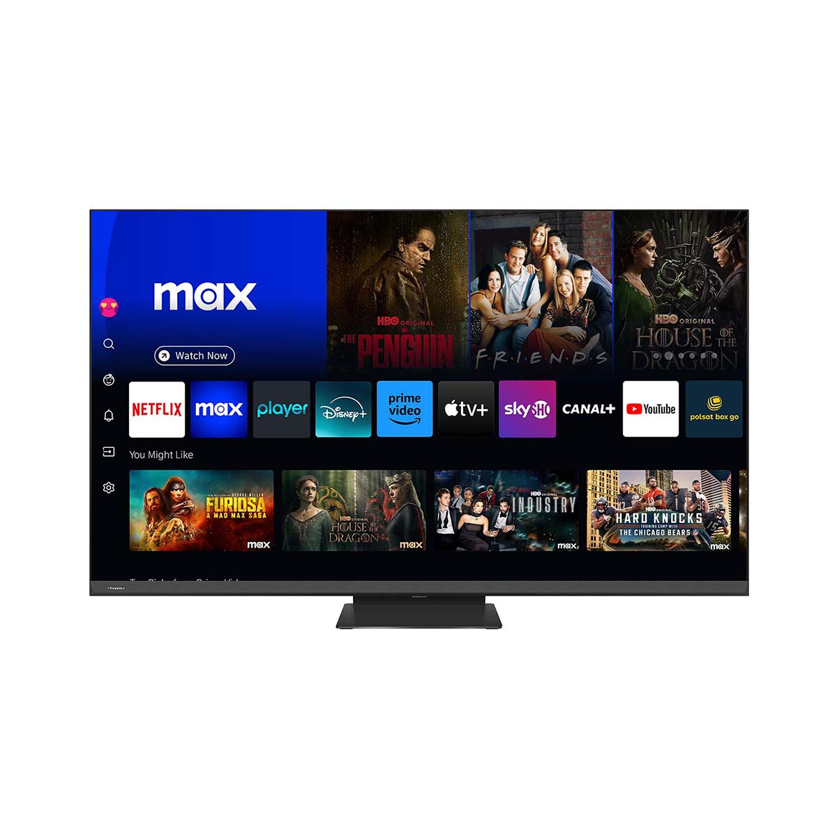 Telewizor Hisense pokazujący Max i inne aplikacje do strumieniowania na ekranie.