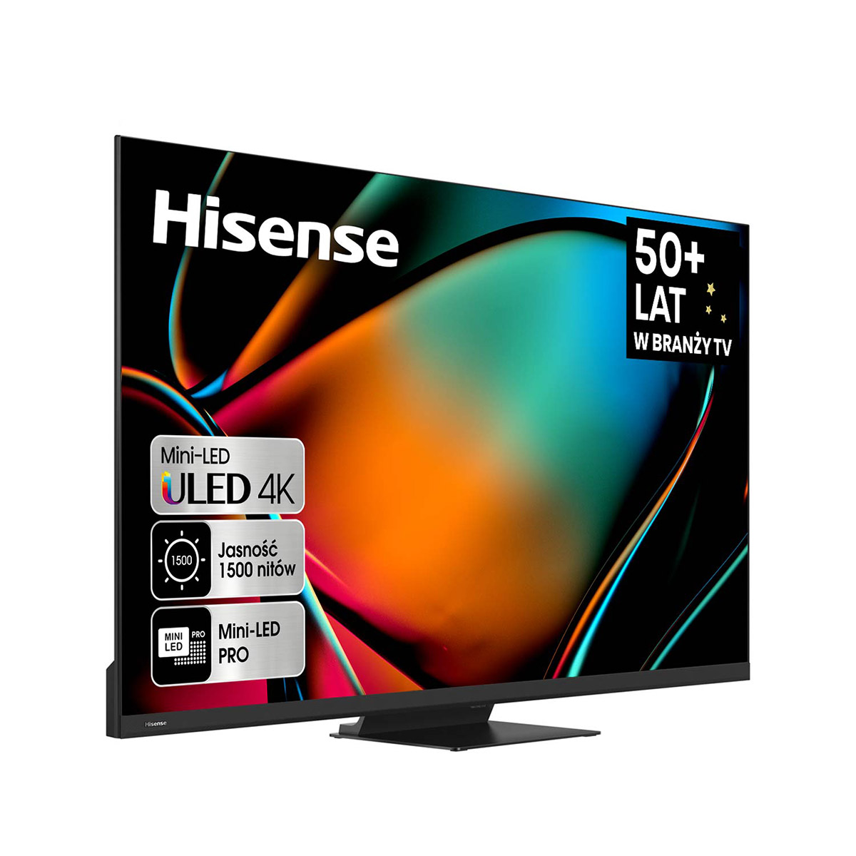 Biały telewizor Hisense z wyświetlaczem Mini-LED ULED 4K, pokazujący abstrakcyjne tło.