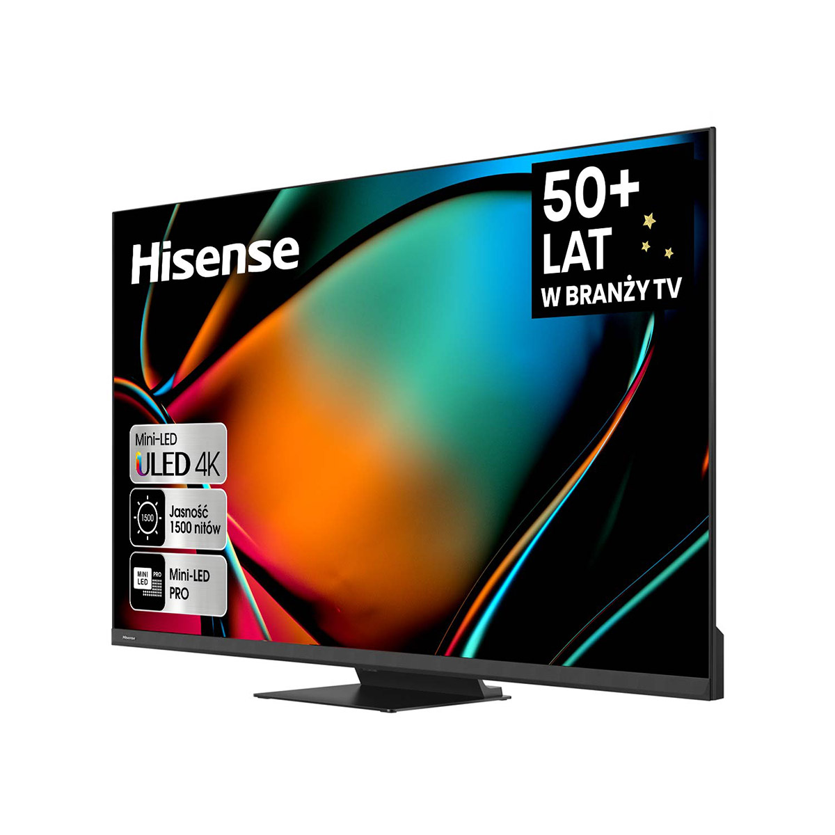 Telewizor Hisense. Czarny ekran z kolorowym obrazem abstrakcyjnym, Mini-LED, 4K itp.