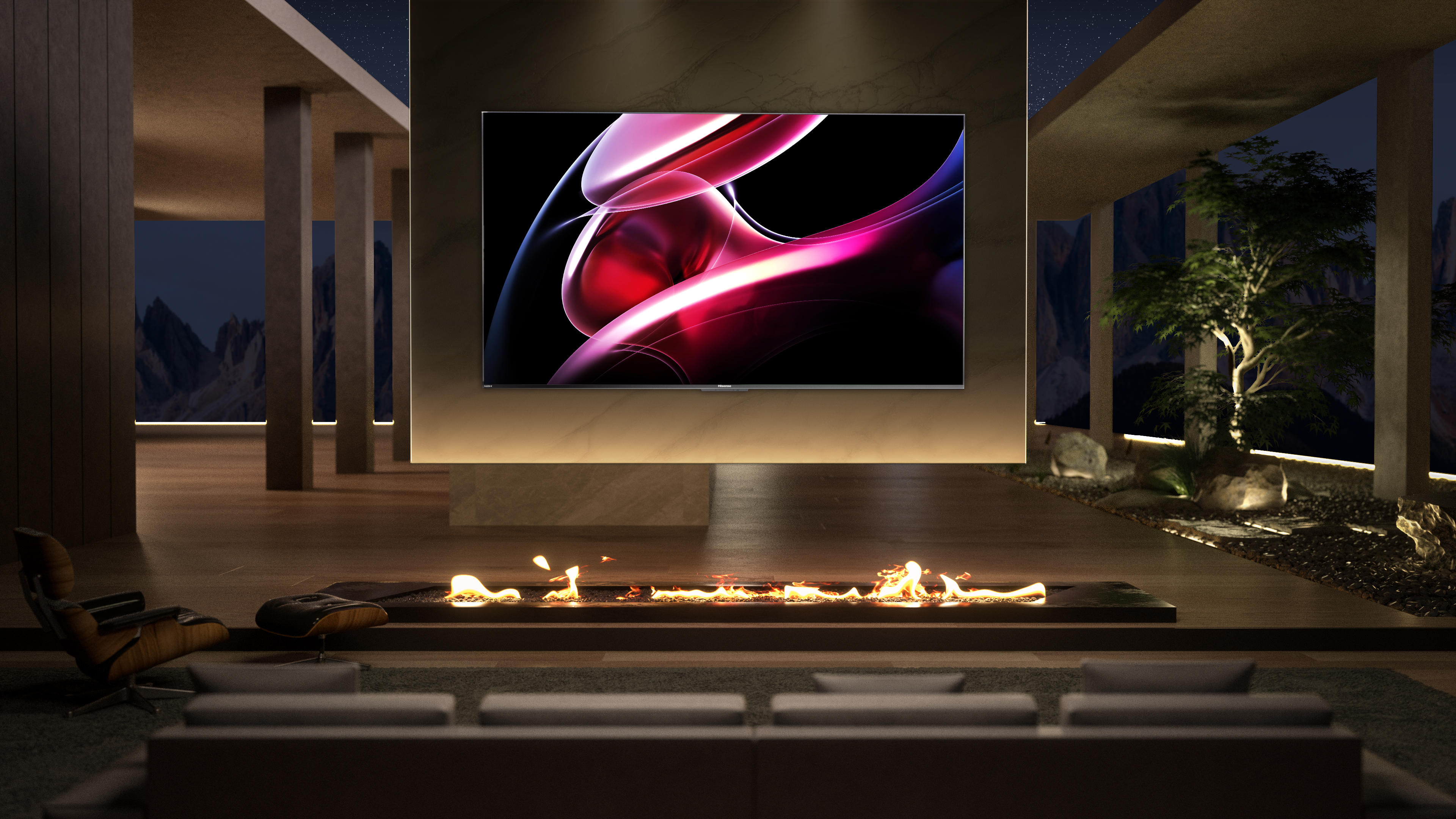 Telewizor na ścianie z kominkiem i meblami.