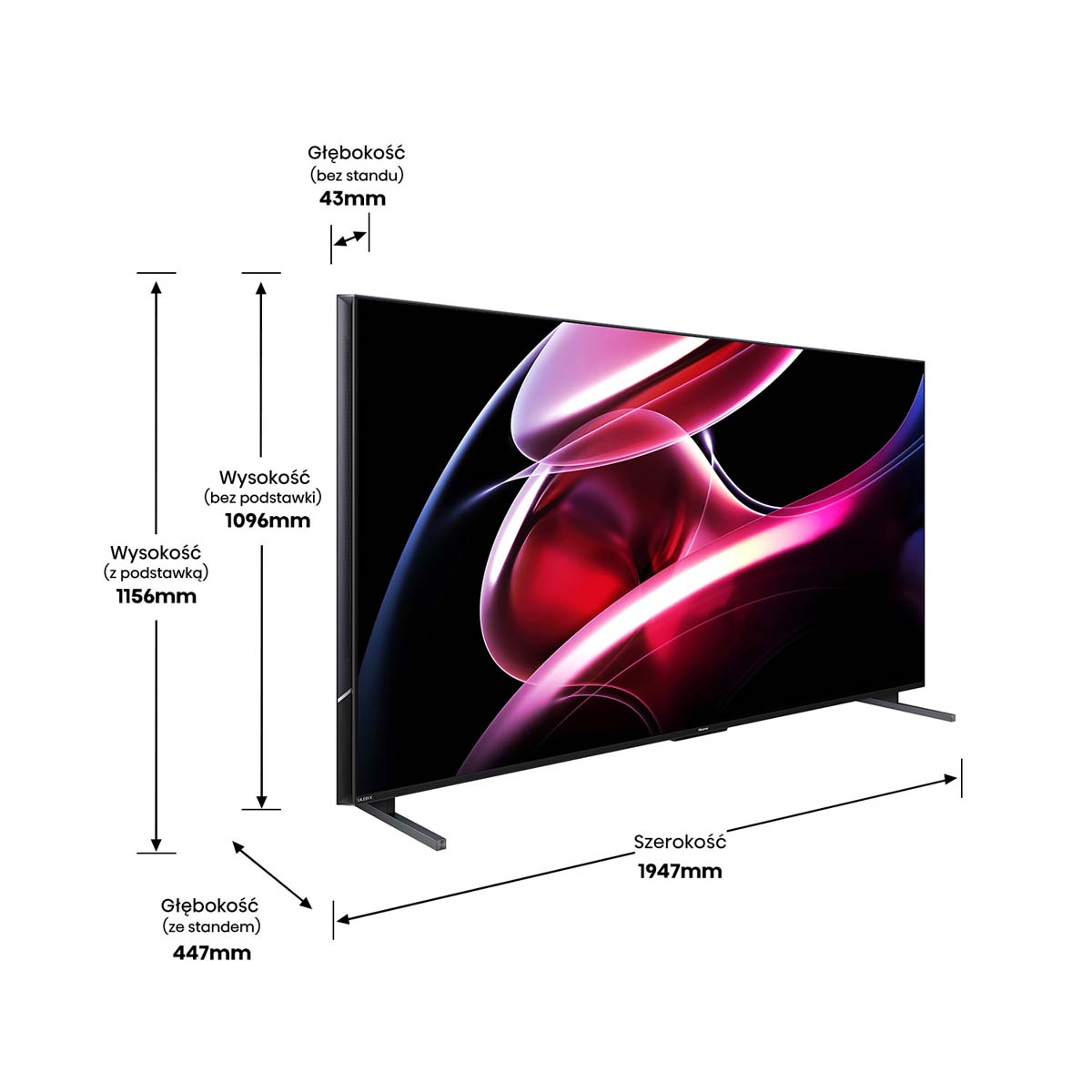 Telewizor z białym tłem i wymiarami.