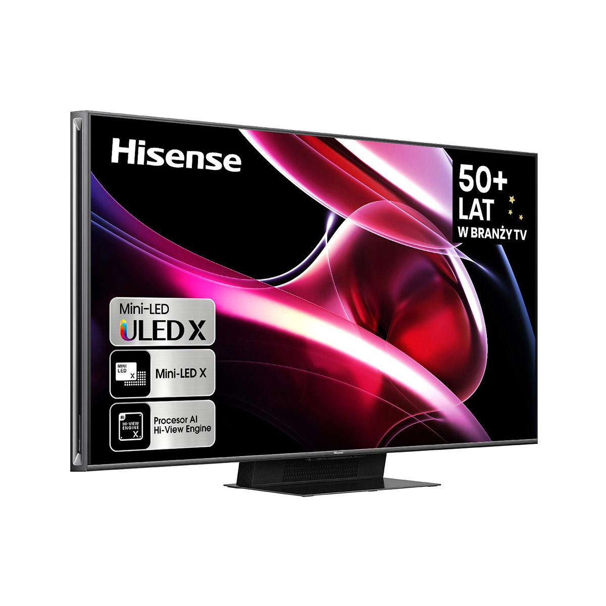 Hisense TV z widoku pod kątem. Czarny telewizor z Mini LED, Hi-View Engine info. Białe tło.