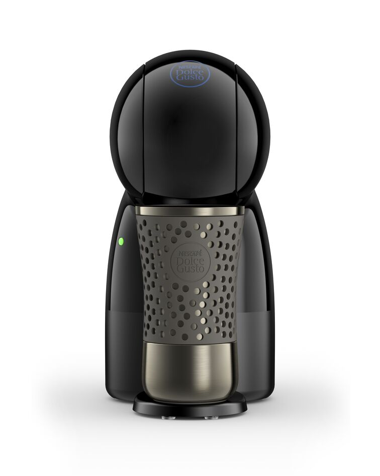 Een zwarte Krups koffiemachine met een beker op een witte achtergrond.