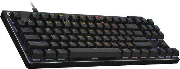 Fekete billentyűzet többszínű gombokkal és vezetékkel. Logitech márka a bal felső sarokban. Zöld háttér.