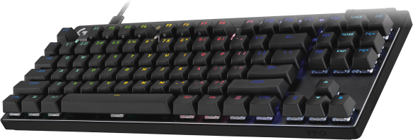 Fekete billentyűzet többszínű gombokkal. Logitech PRO. Zöld háttér. A gombok közeli képe.