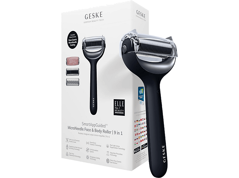 Rejuvenecedor facial - Geske MicroNeedle Face & Body Roller 9 in 1, Cara, Negro