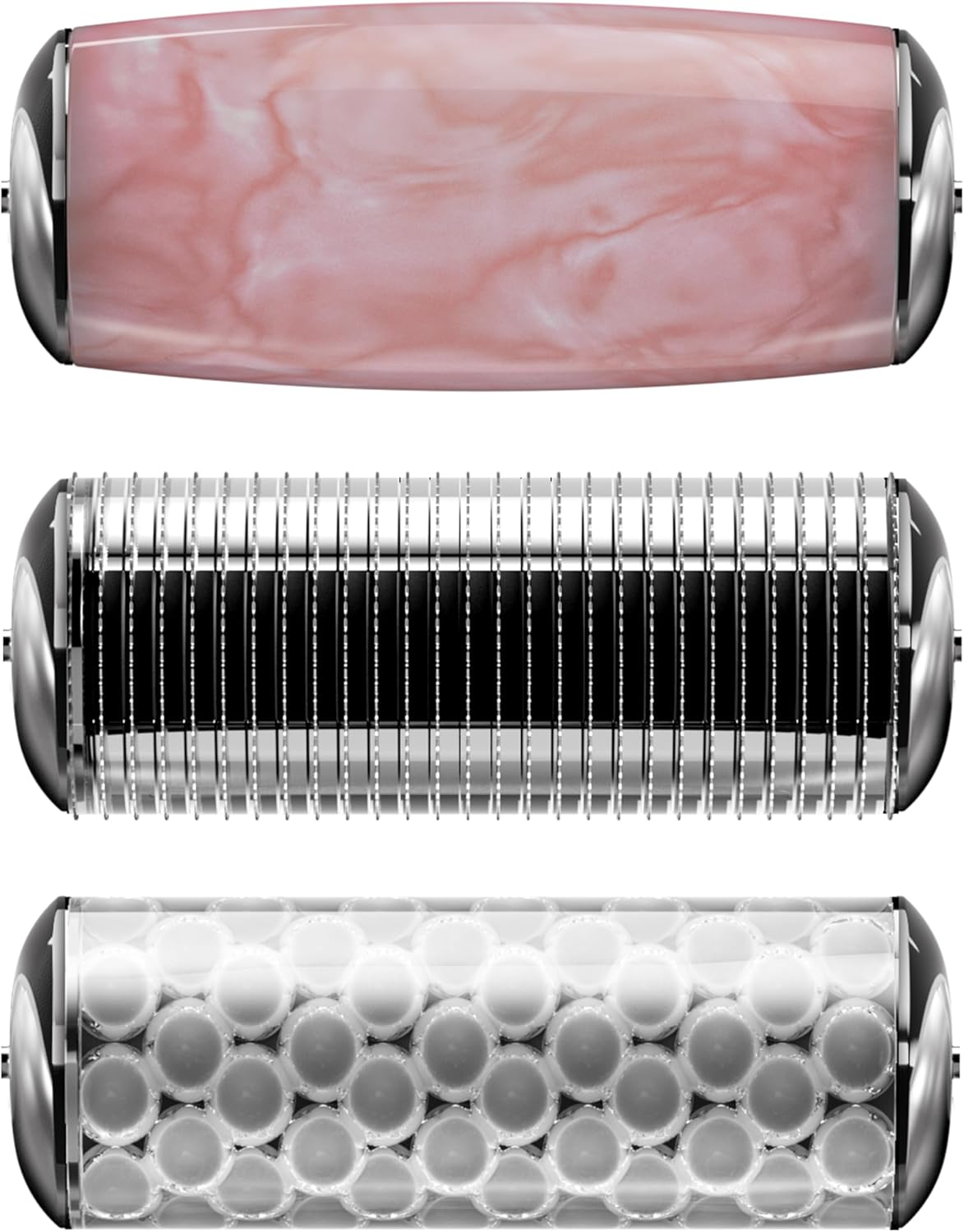 Tres vistas de un dispositivo de belleza; rosa, metal y una superficie con estampado blanco.