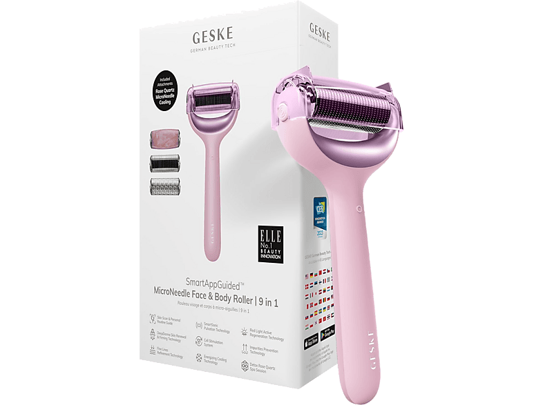 Rejuvenecedor facial - Geske MicroNeedle Face & Body Roller 9 in 1, Cara, Rosa