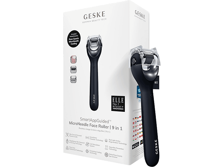 Rejuvenecedor facial - Geske MicroNeedle Face Roller 9 in 1, Cara, Negro