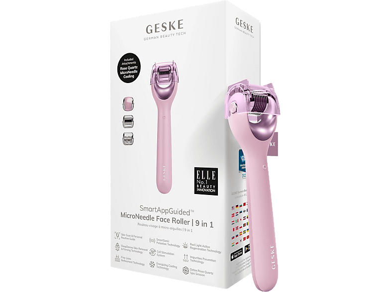 Rejuvenecedor facial - Geske MicroNeedle Face Roller 9 in 1, Cara, Rosa